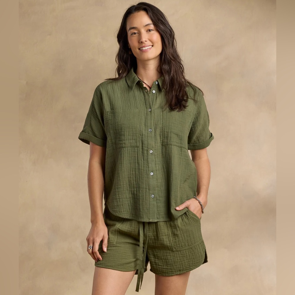 NWT Sundance Mona Gauze Camp Shirt Olive Short Sleeve Button Down Cotton Small
